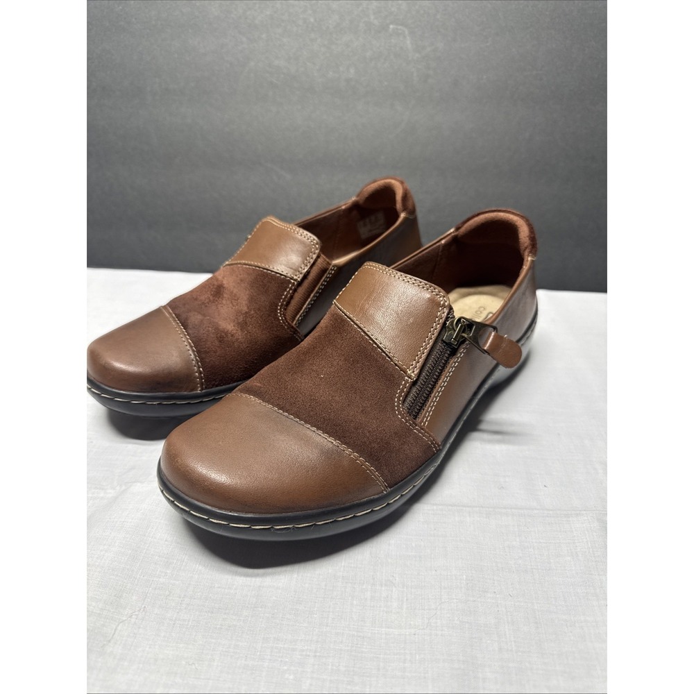 Clarks Cora Harbor Slip on Loafer Brown Leather/Suede Womens 8.5M Side Zip